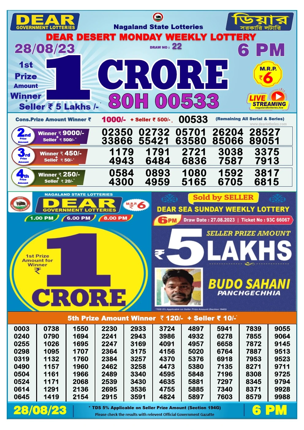 Lottery Sambad Day 28-08-2023 Dear 6PM Day Result