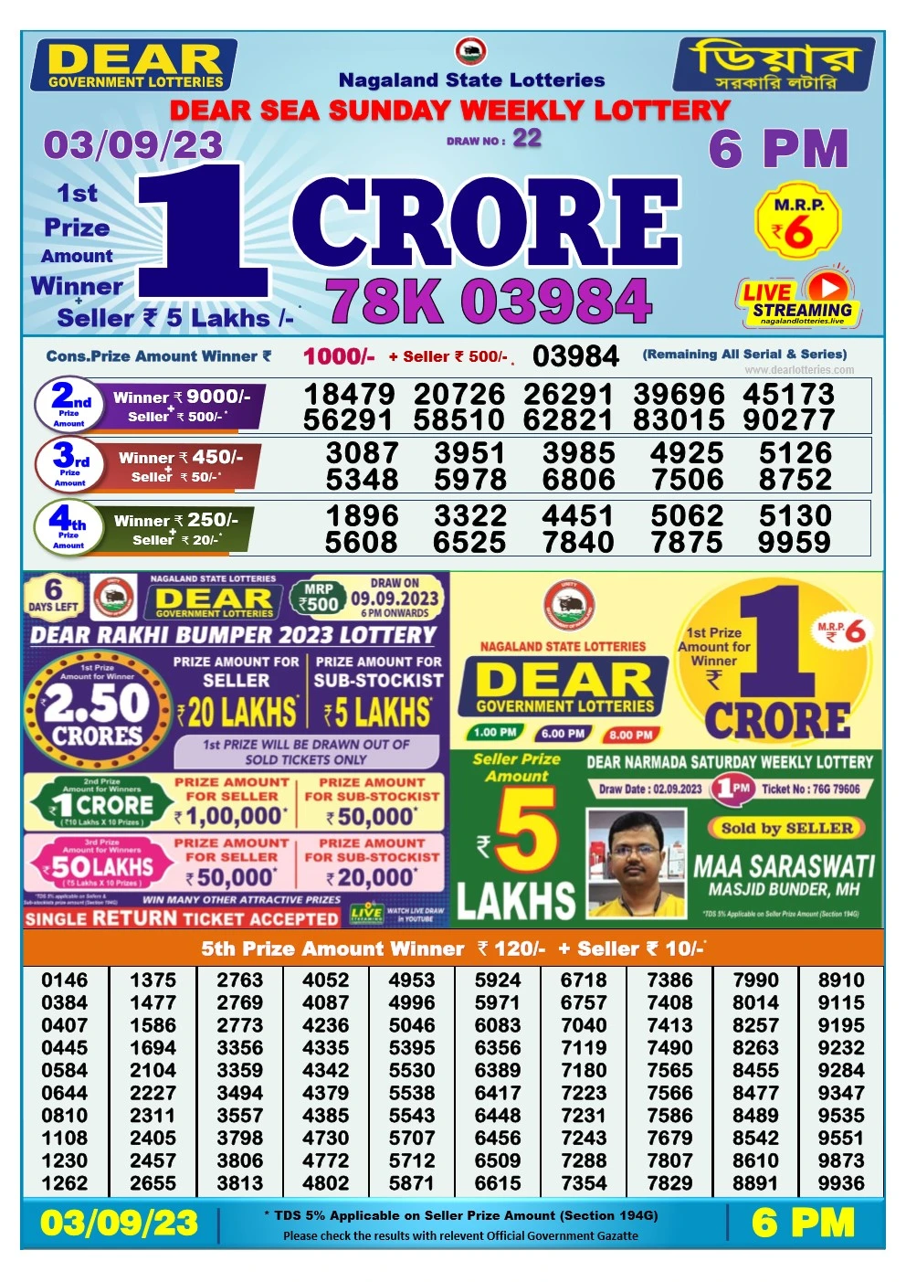 Lottery Sambad Day 03-09-2023 Dear 6PM Day Result