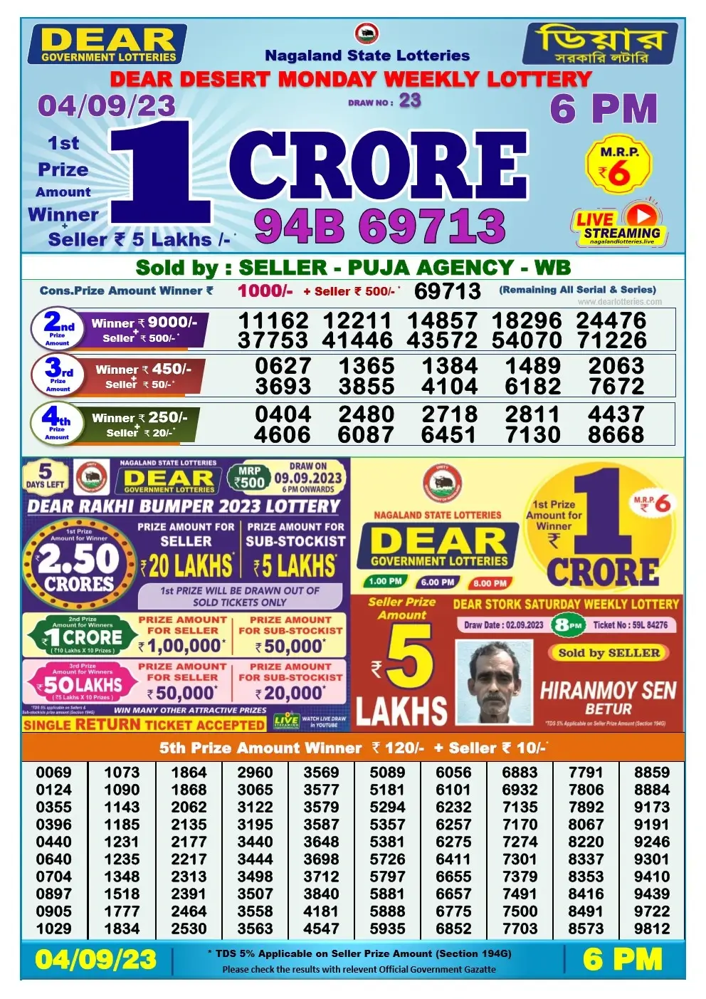 Lottery Sambad Day 04-09-2023 Dear 6PM Day Result