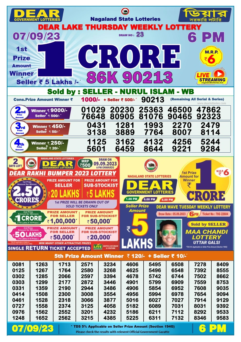 Lottery Sambad Day 07-09-2023 Dear 6PM Day Result