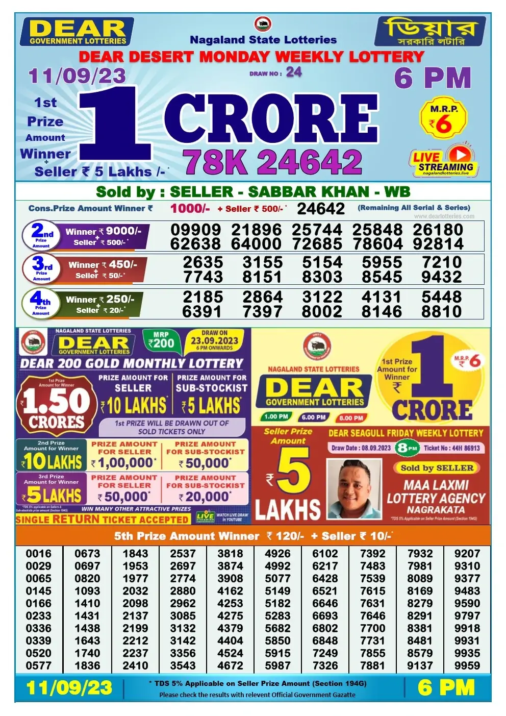 Lottery Sambad Day 11-09-2023 Dear 6PM Day Result