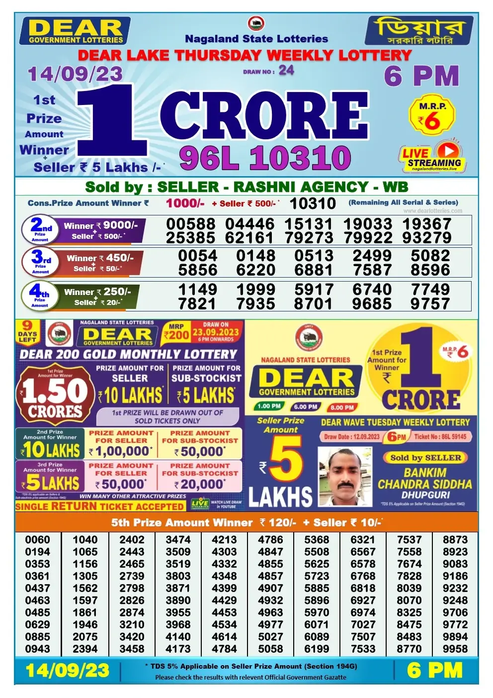 Lottery Sambad Day 14-09-2023 Dear 6PM Day Result