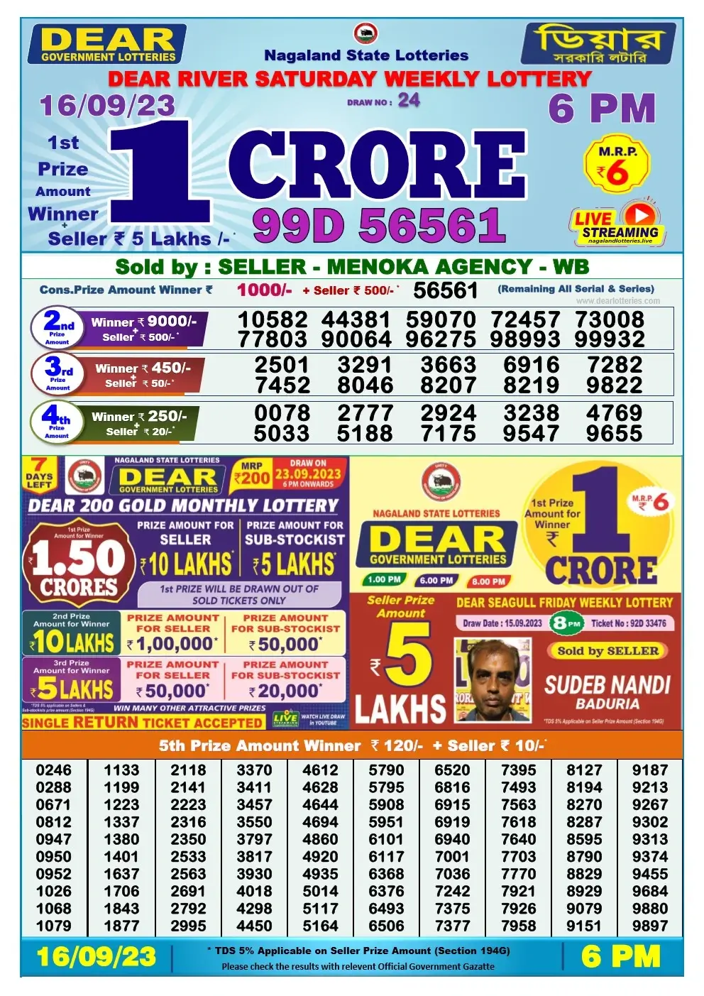 Lottery Sambad Day 16-09-2023  Dear 6PM Day Result