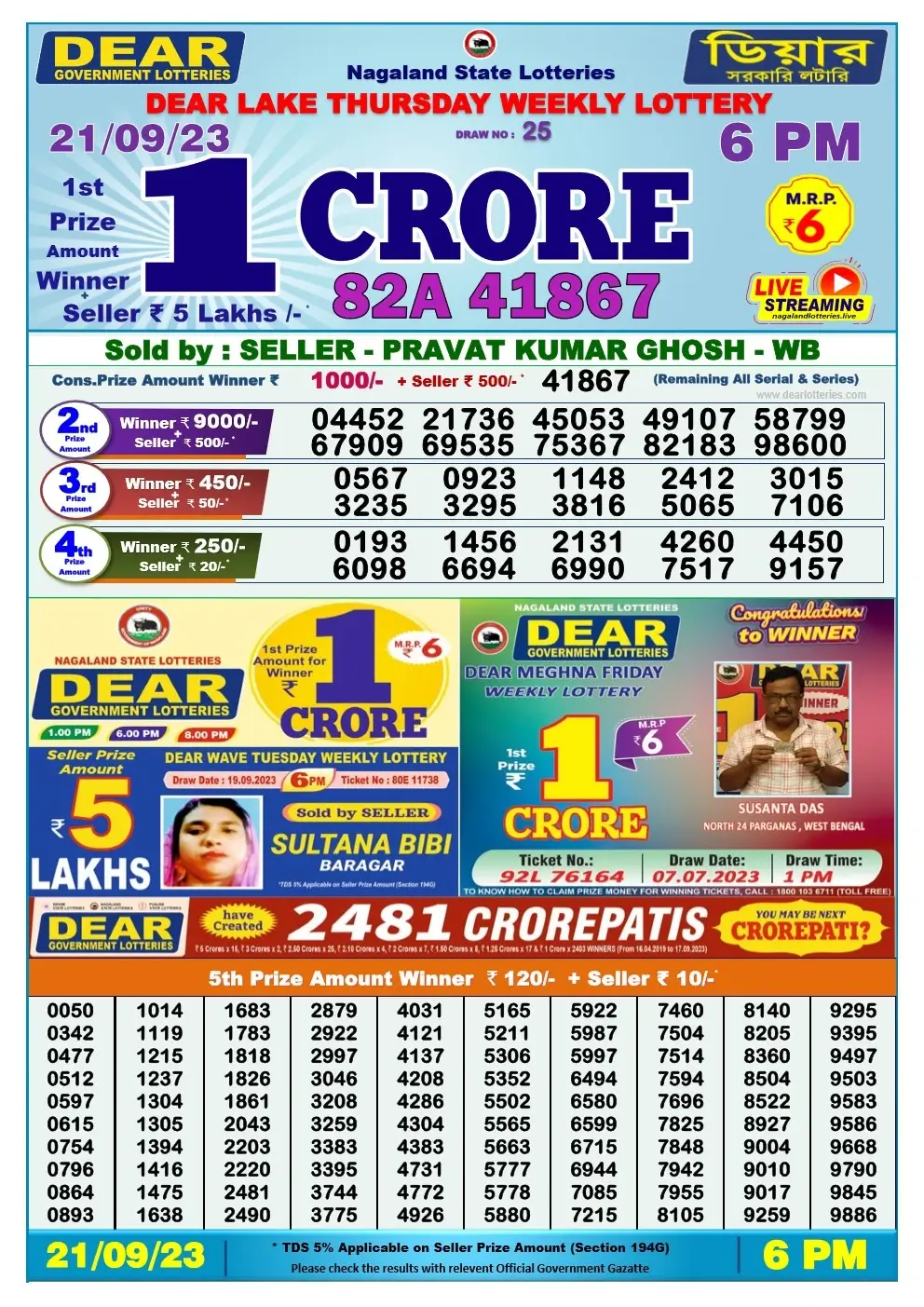 Lottery Sambad Day 21-09-2023  Dear 6PM Day Result