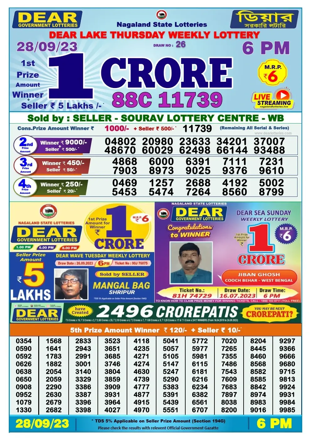 Lottery Sambad Day 28-09-2023 Dear 6PM Day Result
