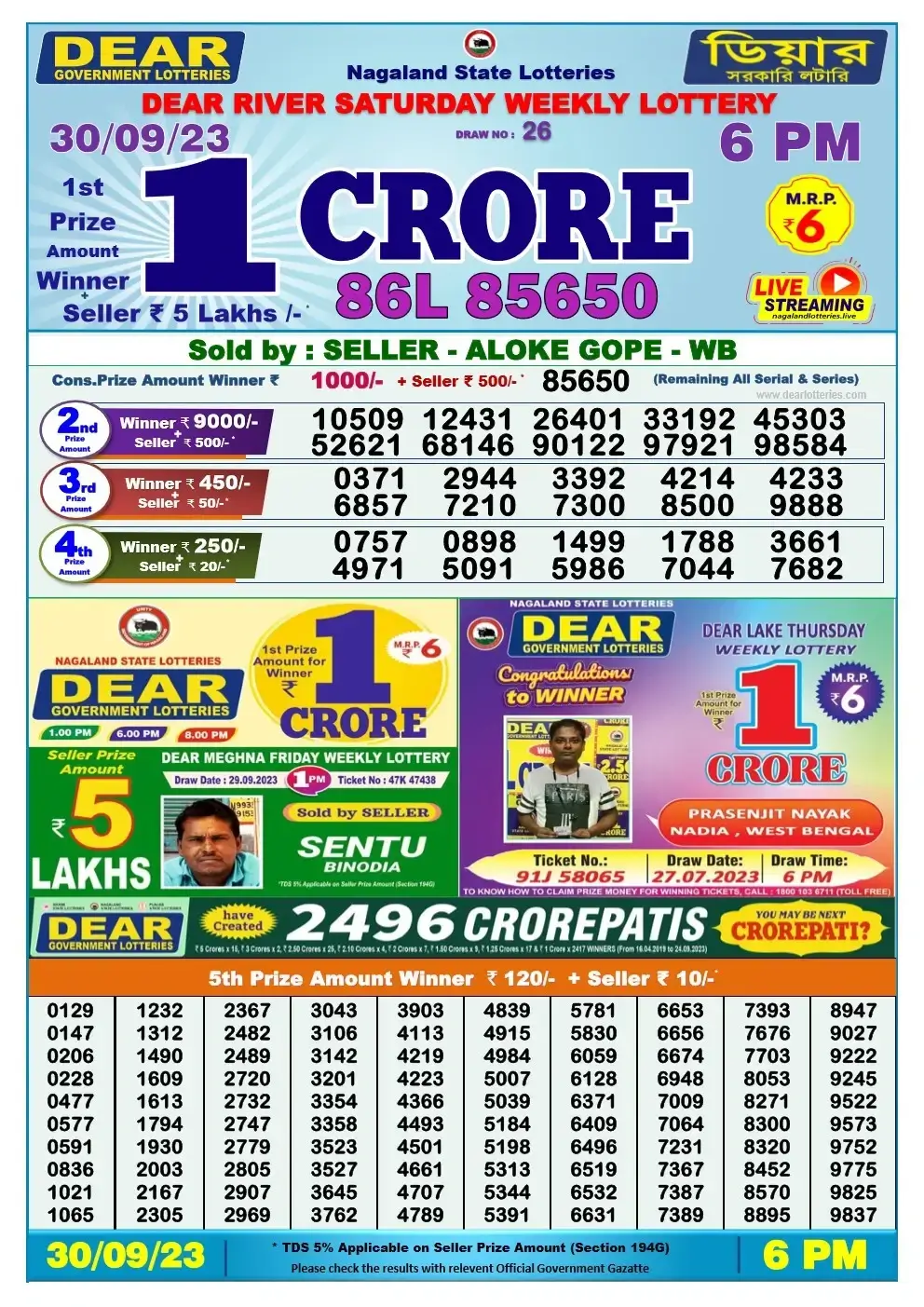 Lottery Sambad Day 30-09-2023 Dear 6PM Day Result
