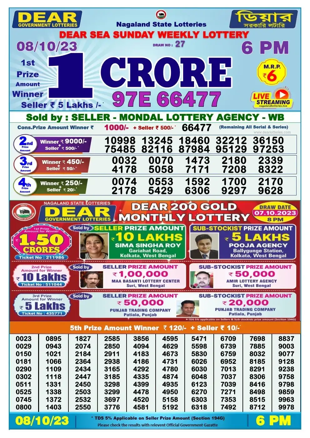 Lottery Sambad Day 08-10-2023  Dear 6PM Day Result