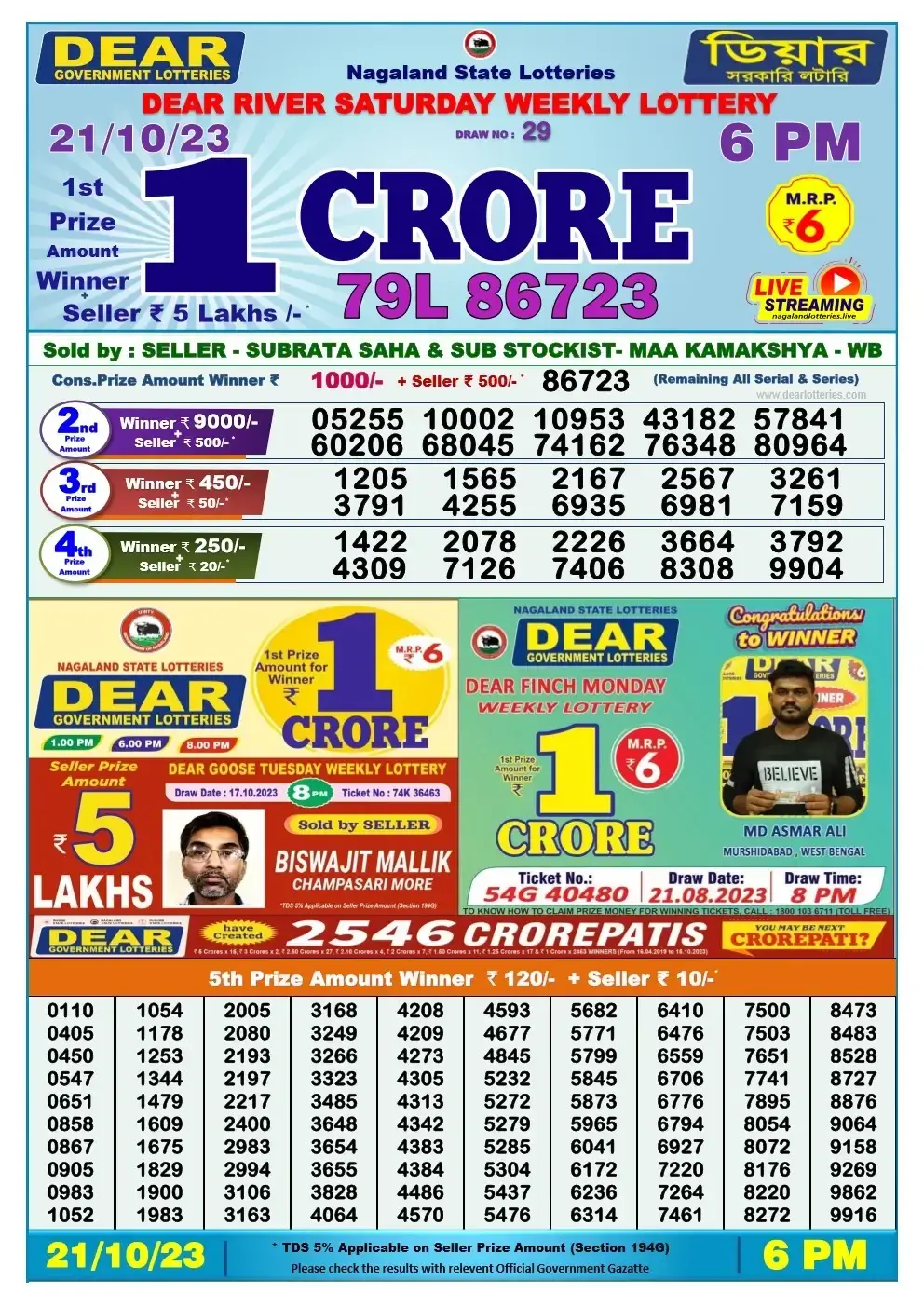 Lottery Sambad Day 21-10-2023  Dear 6PM Day Result