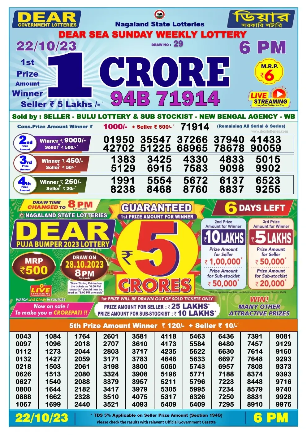 Lottery Sambad Day 22-10-2023  Dear 6PM Day Result
