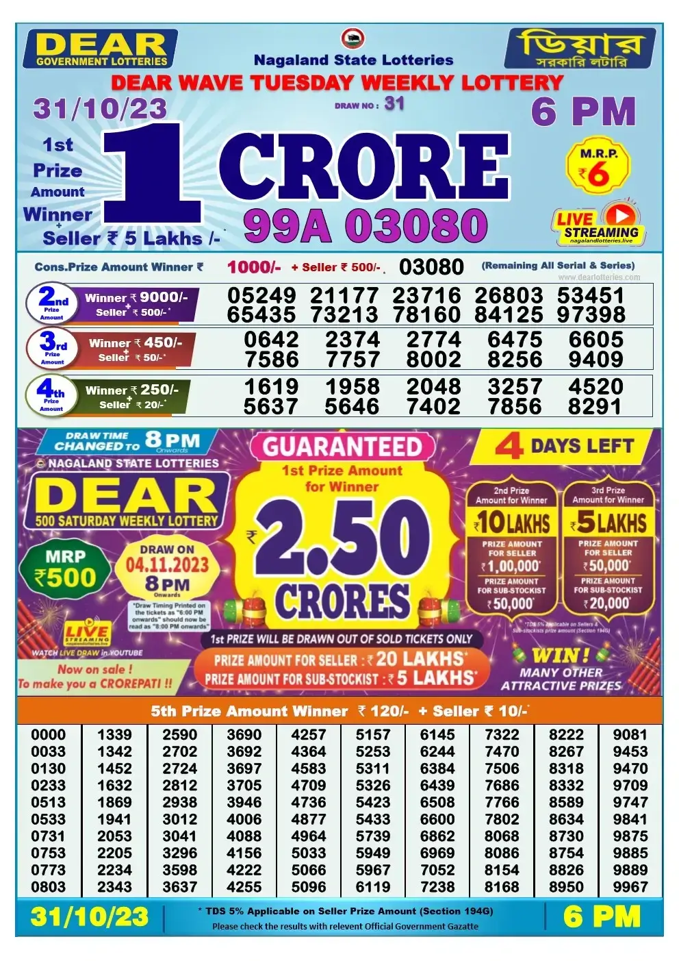 Lottery Sambad Day 31-10-2023 Dear 6PM Day Result