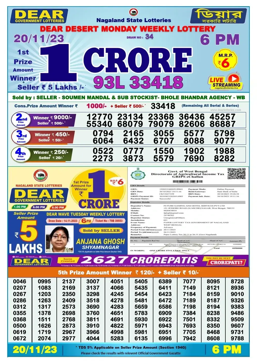 Lottery Sambad Day 20-11-2023 Dear 6PM Day Result
