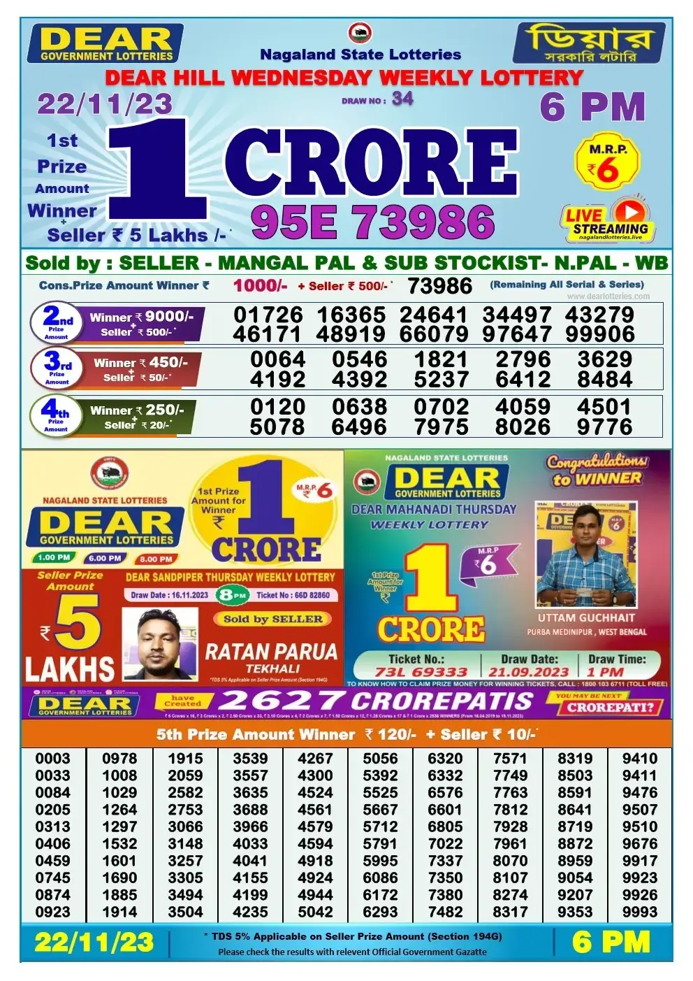 Lottery Sambad Day 22-11-2023 Dear 6PM Day Result