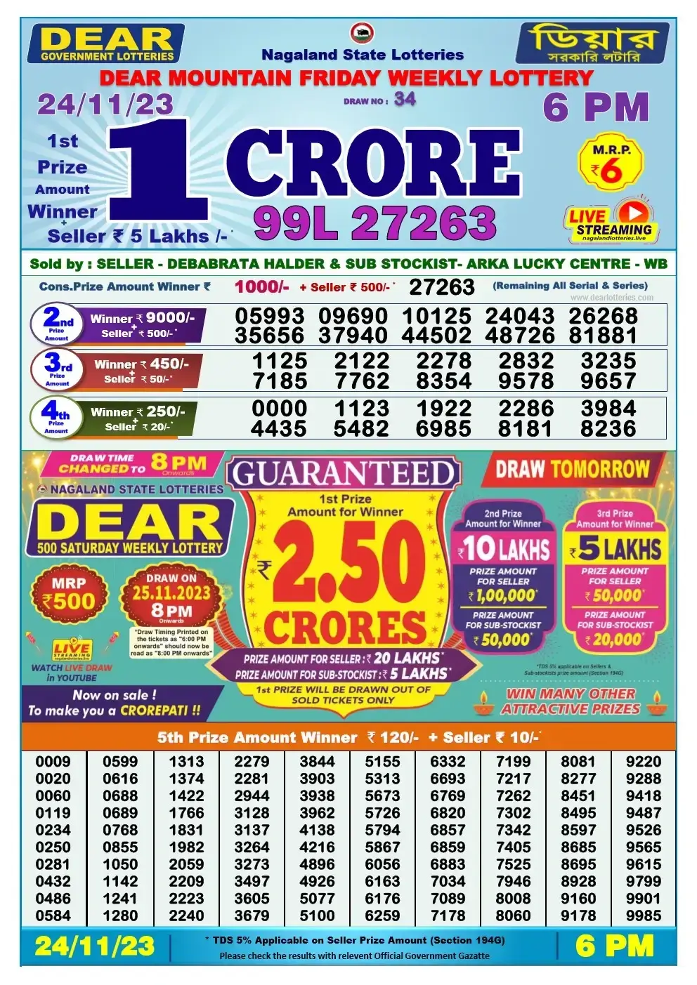 Lottery Sambad Day 24-11-2023 Dear 6PM Day Result