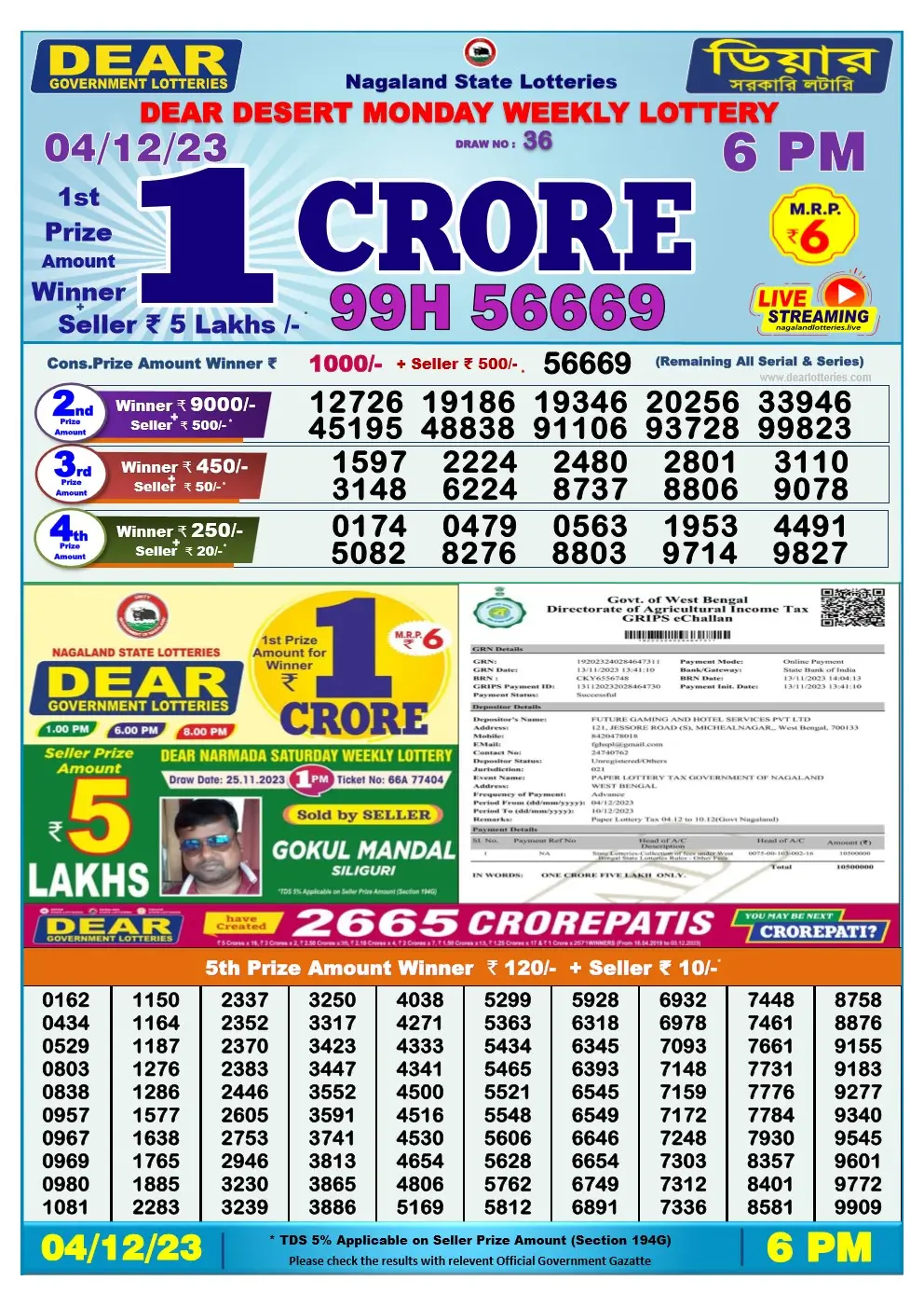 Lottery Sambad Day 04-12-2023 Dear 6PM Day Result