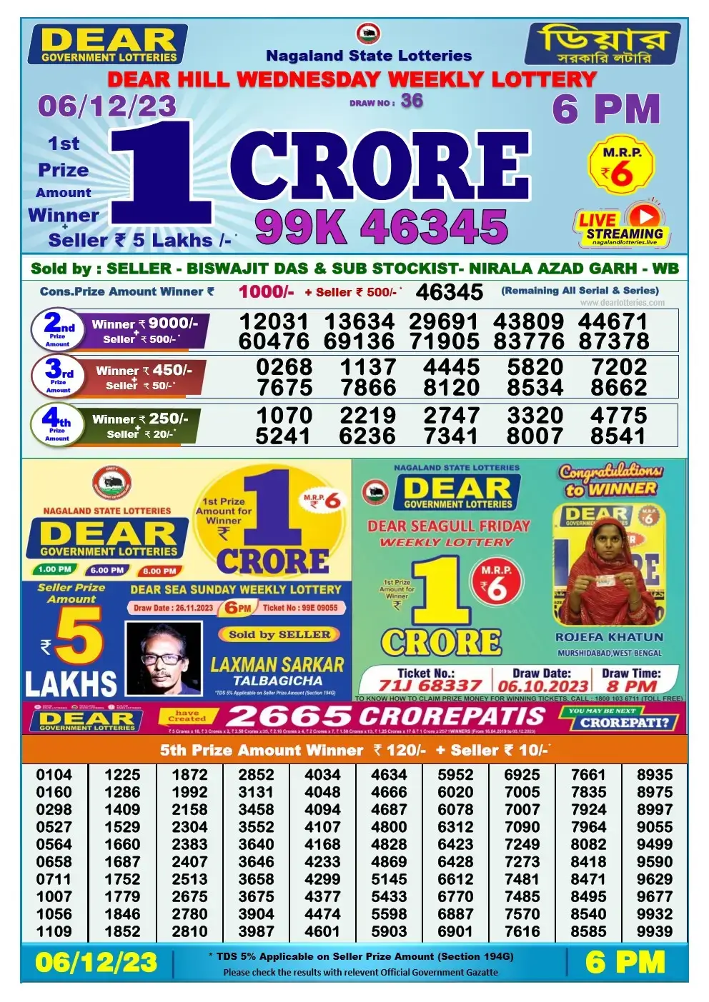 Lottery Sambad Day 06-12-2023 Dear 6PM Day Result