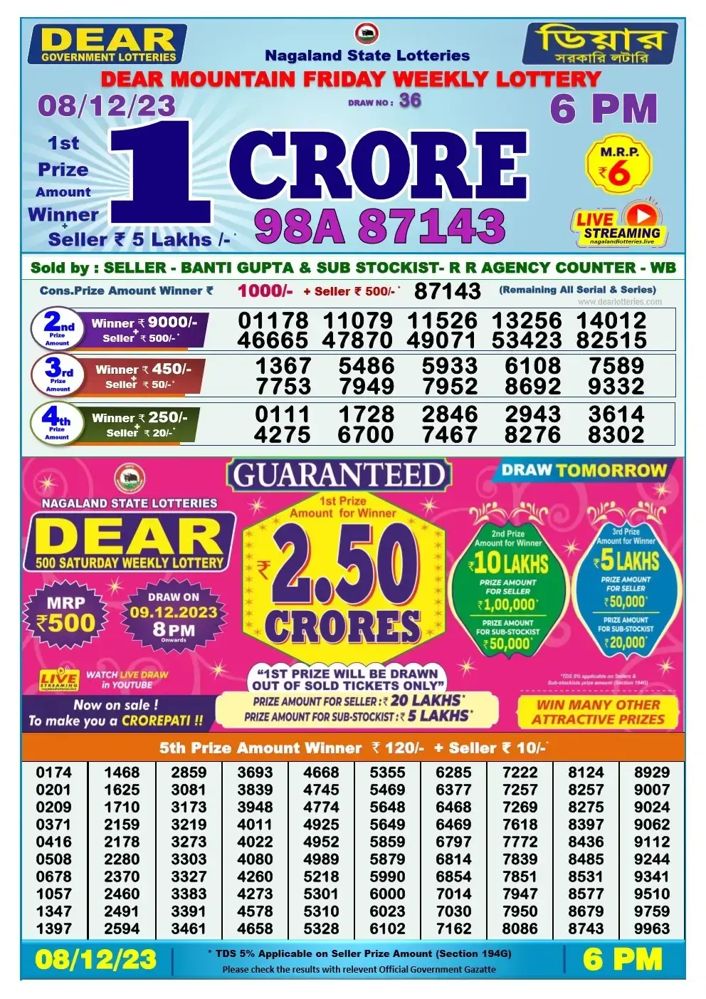 Lottery Sambad Day 08-12-2023  Dear 6PM Day Result
