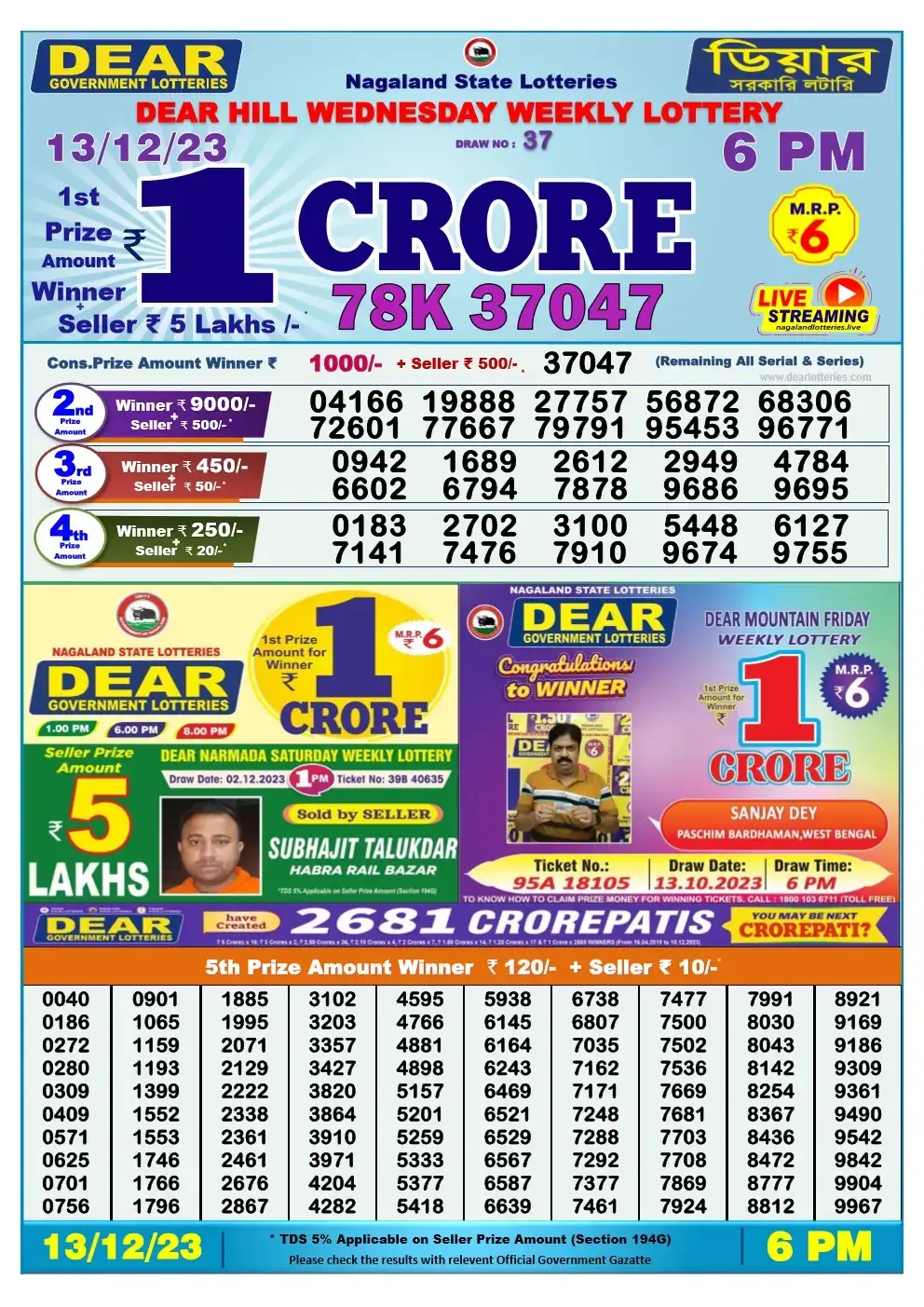 Lottery Sambad Day 13-12-2023 Dear 6PM Day Result