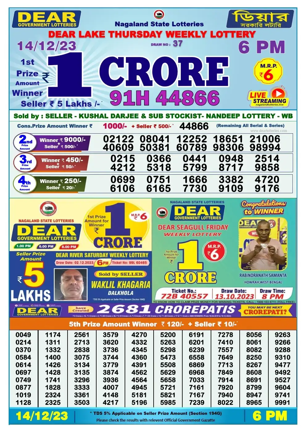 Lottery Sambad Day 14-12-2023 Dear 6PM Day Result