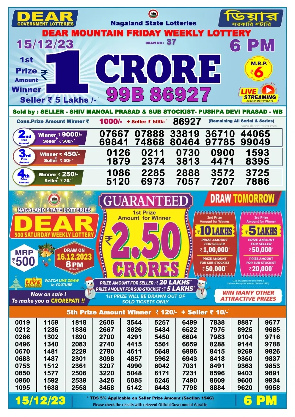 Lottery Sambad Day 15-12-2023 Dear 6PM Day Result
