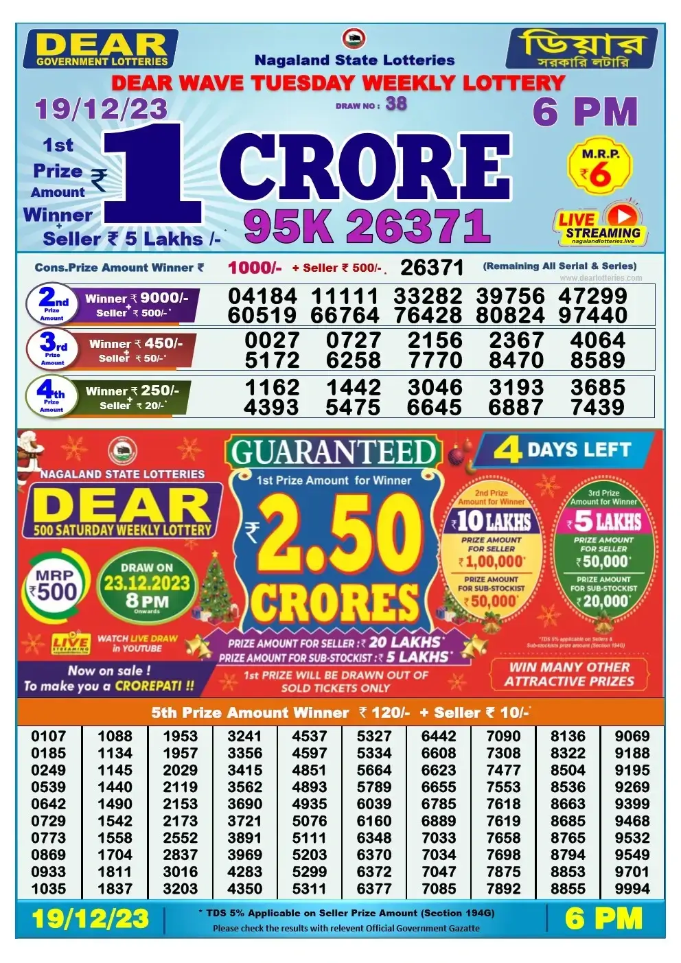 Lottery Sambad Day 19-12-2023 Dear 6PM Day Result