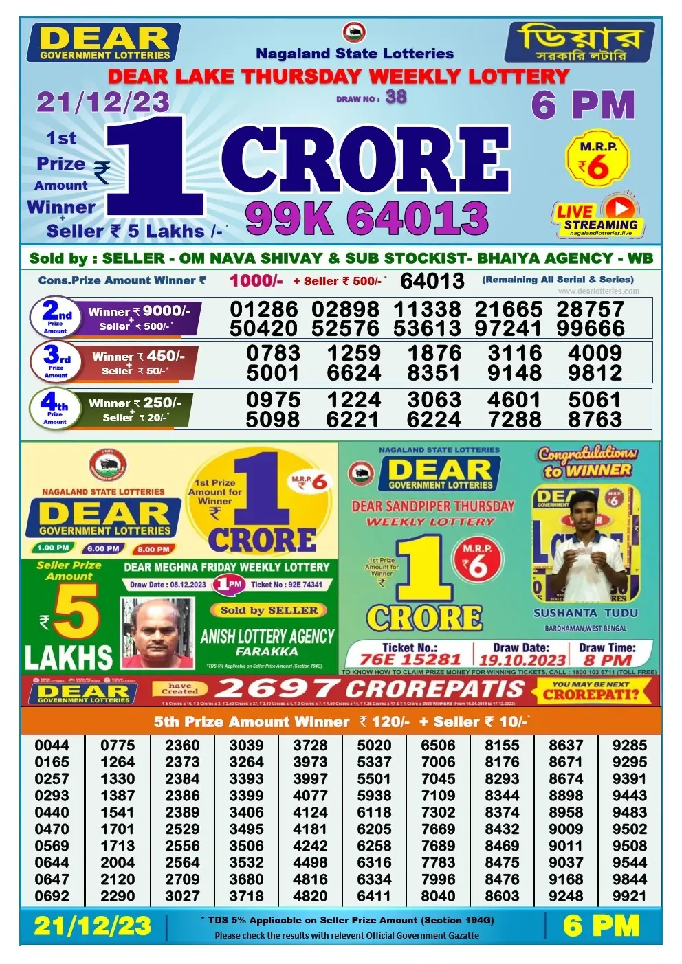 Lottery Sambad Day 21-12-2023 Dear 6PM Day Result